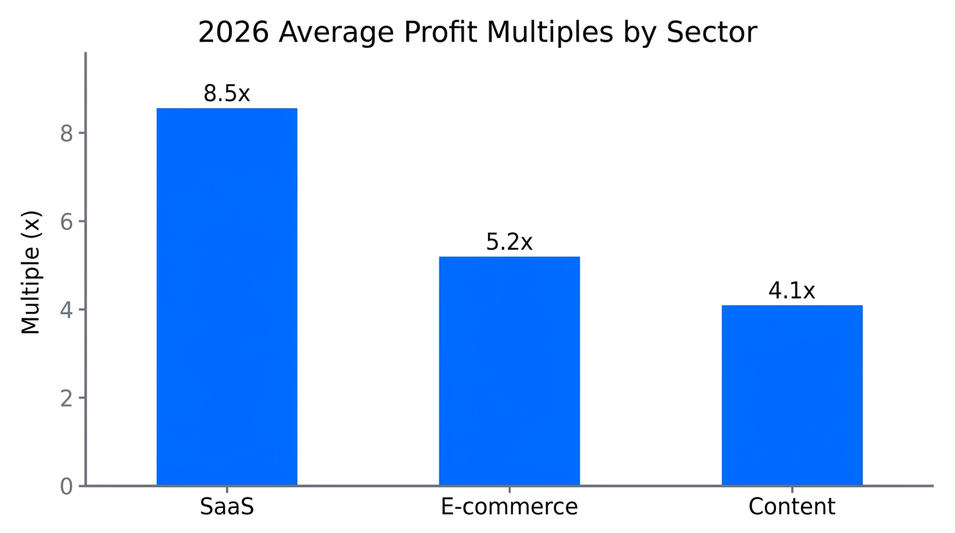 Projected 2026 profit multiples for SaaS and e-commerce business sectors.