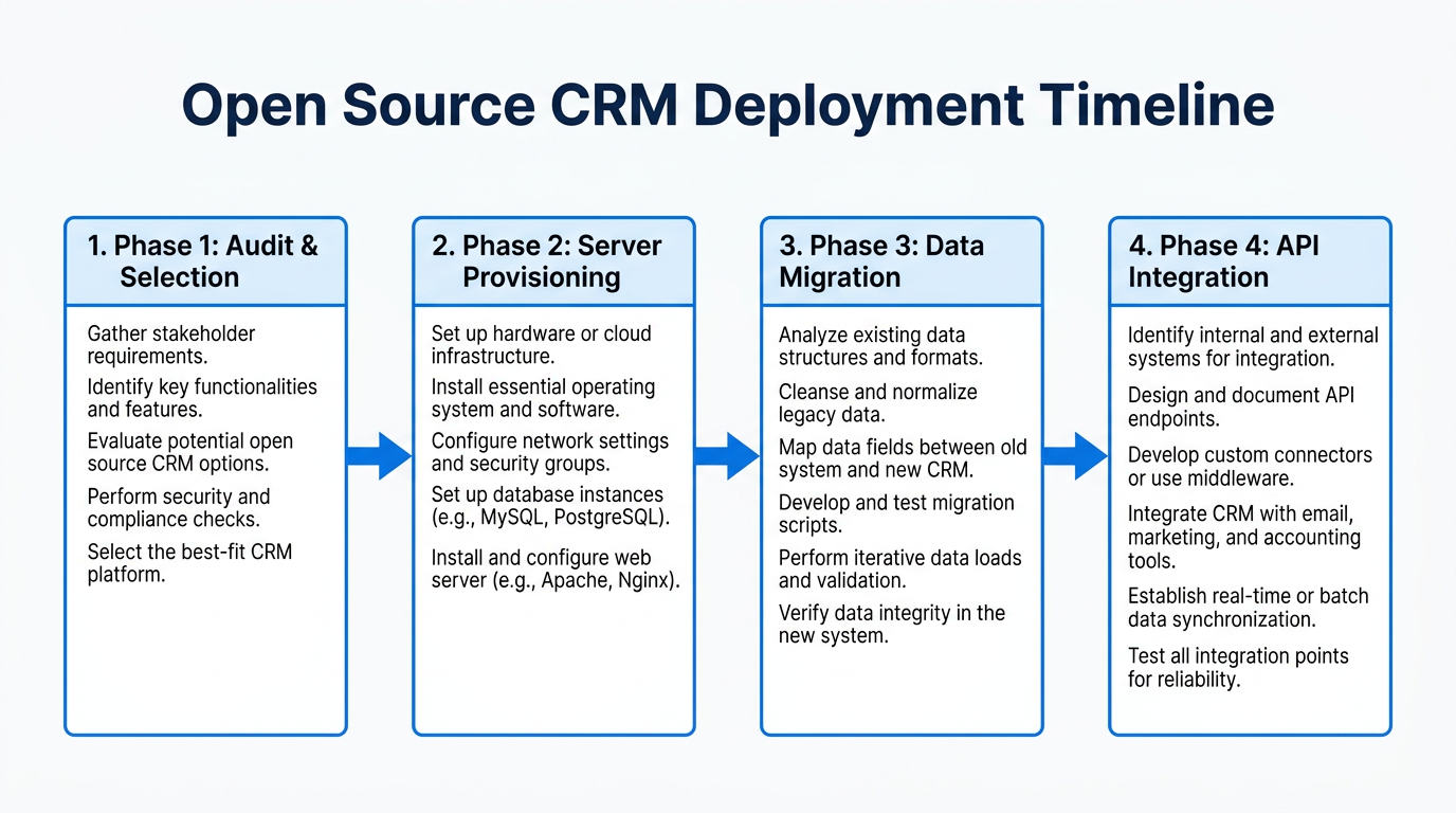 The four-phase process for deploying an open source CRM system.