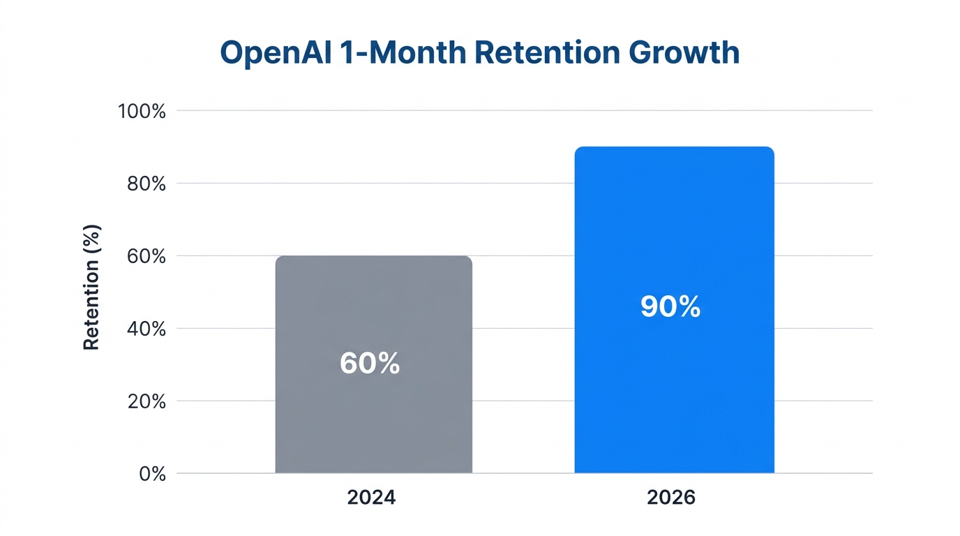Comparison of OpenAI's 1-month retention rates from 2024 to 2026.