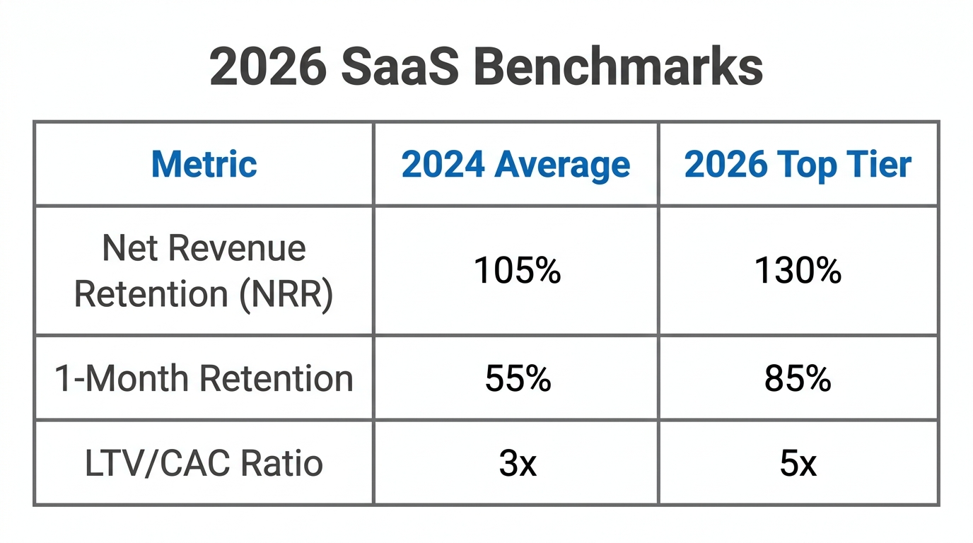 Comparison table of SaaS retention benchmarks for 2024 versus 2026.