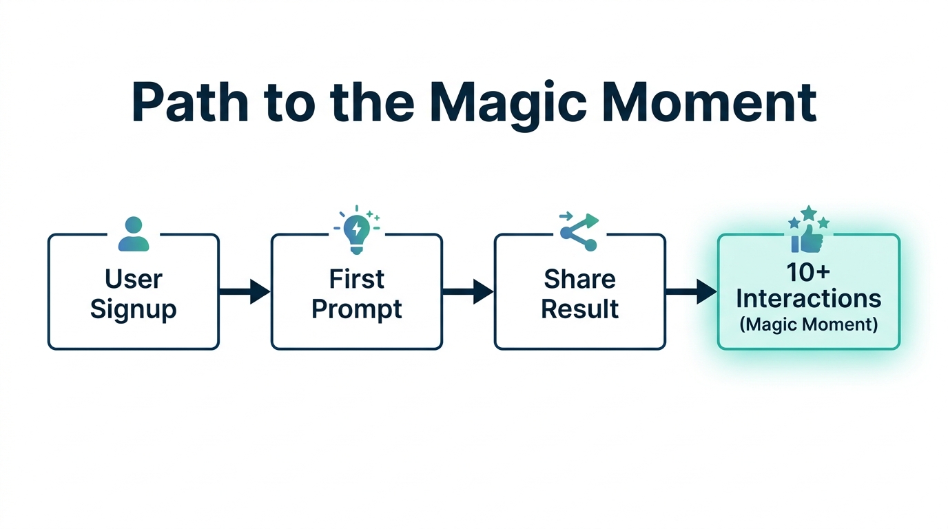 User journey flowchart identifying the critical 10+ interaction magic moment.