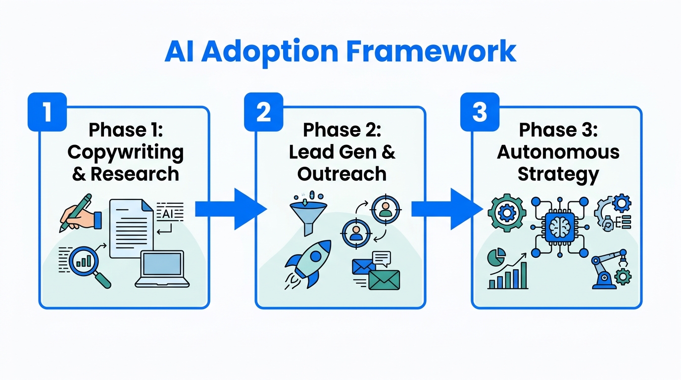 A three-phase framework for implementing AI adoption in business.