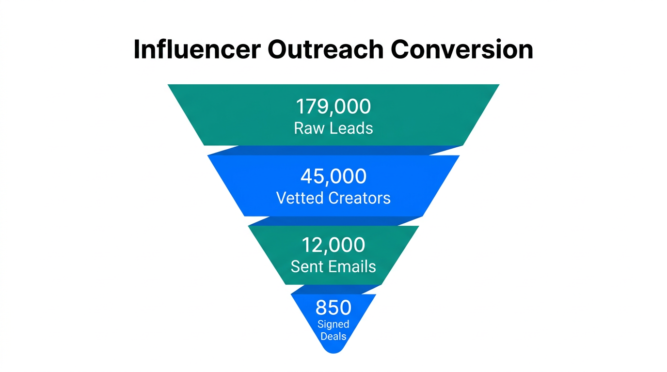 Conversion funnel showing lead volume to final signed creator deals.