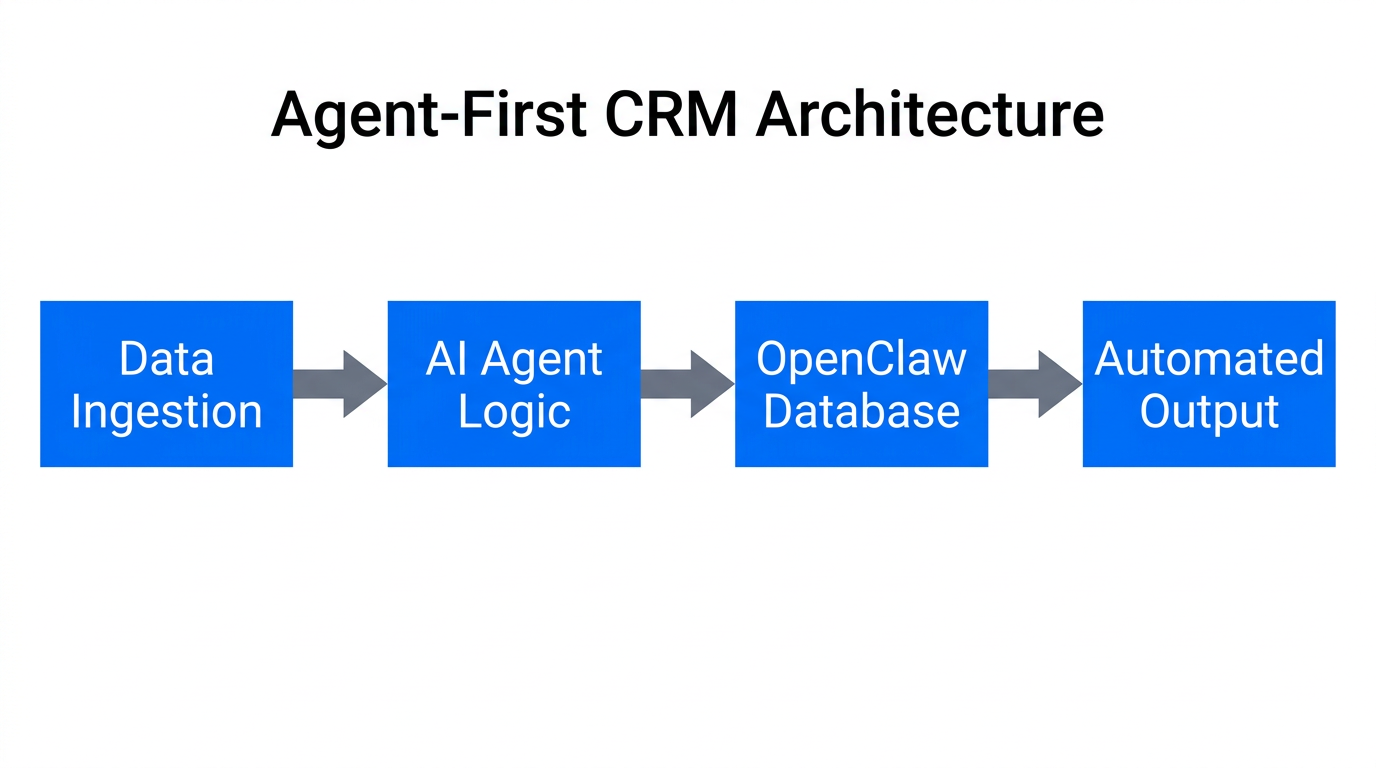 Workflow diagram of an agent-first architecture for automated influencer CRMs.