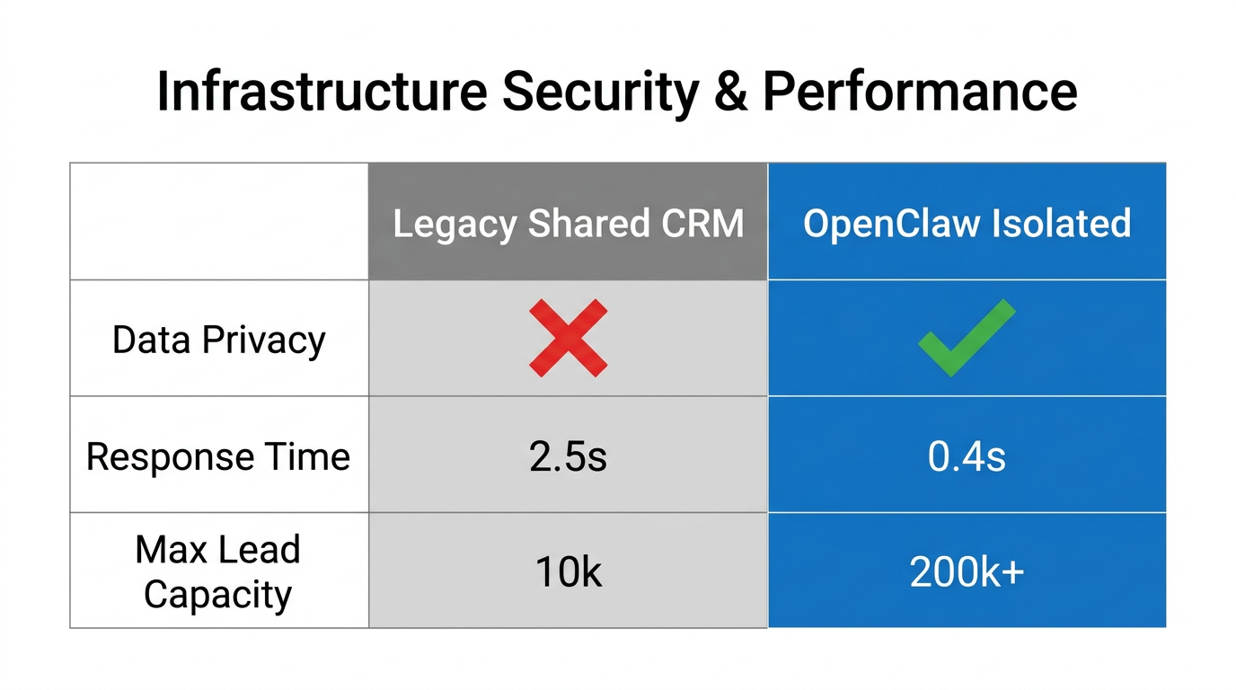 Technical comparison between standard shared infrastructure and isolated CRM instances.