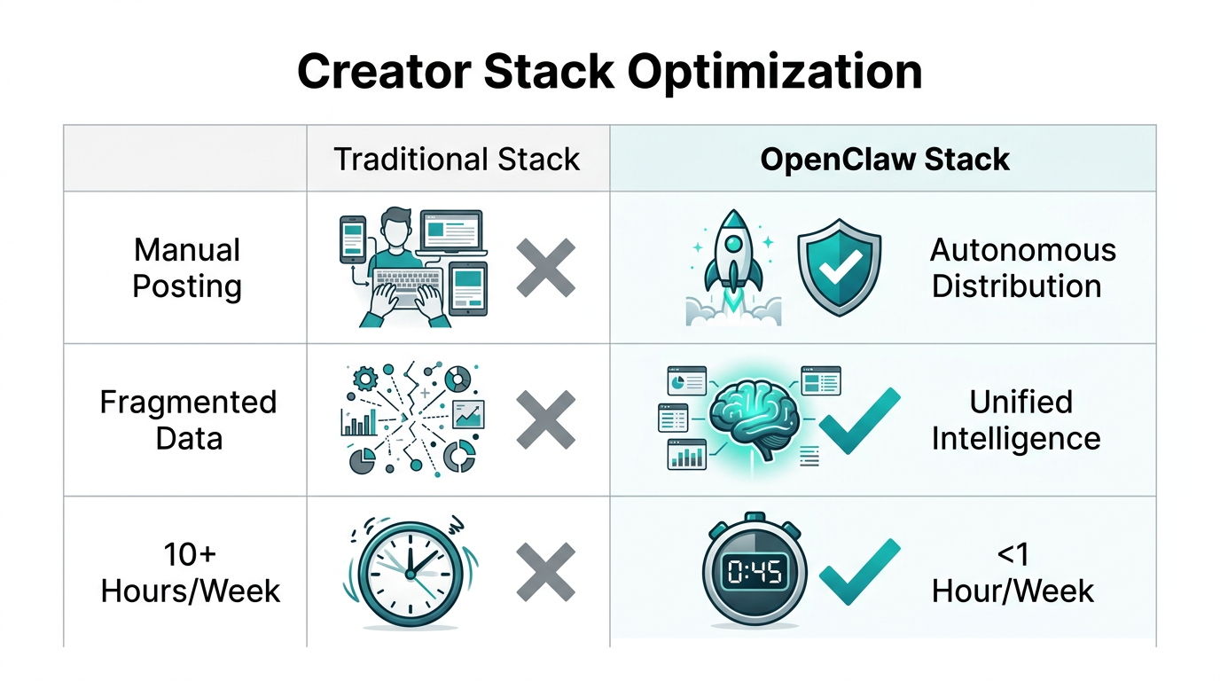 Comparison of traditional manual workflows versus an optimized OpenClaw stack.