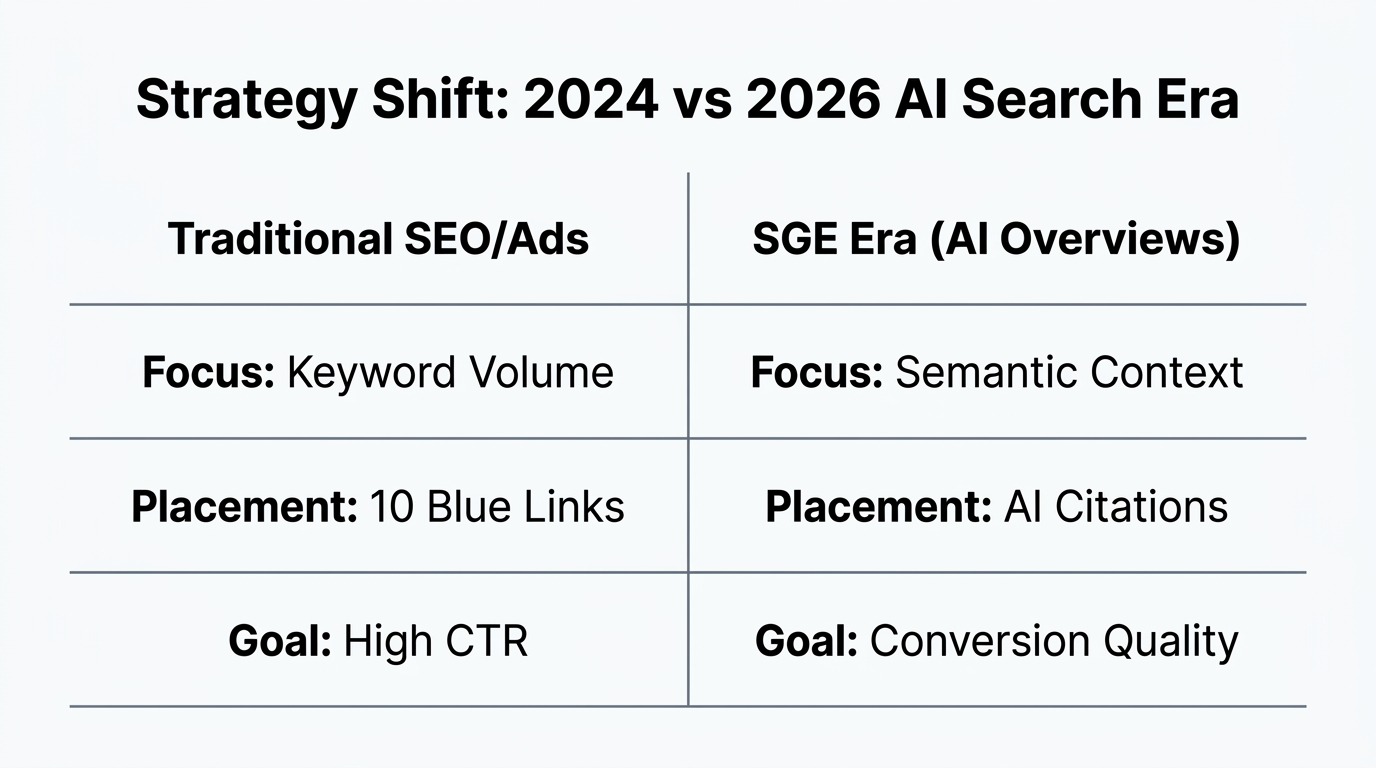 Comparison of traditional search marketing versus the 2026 AI-driven SGE strategy.