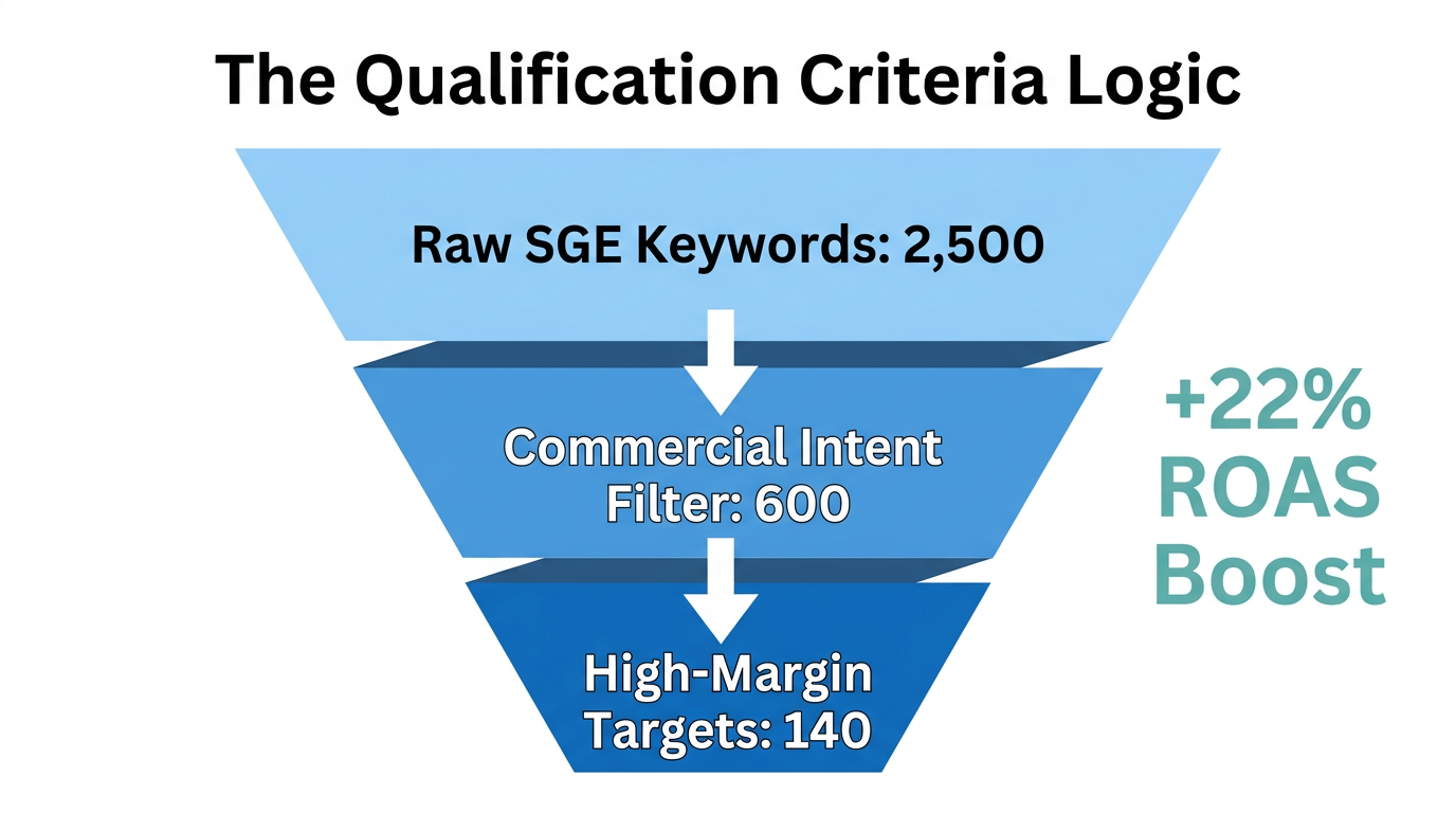 The keyword filtering process used to identify high-profit search opportunities.