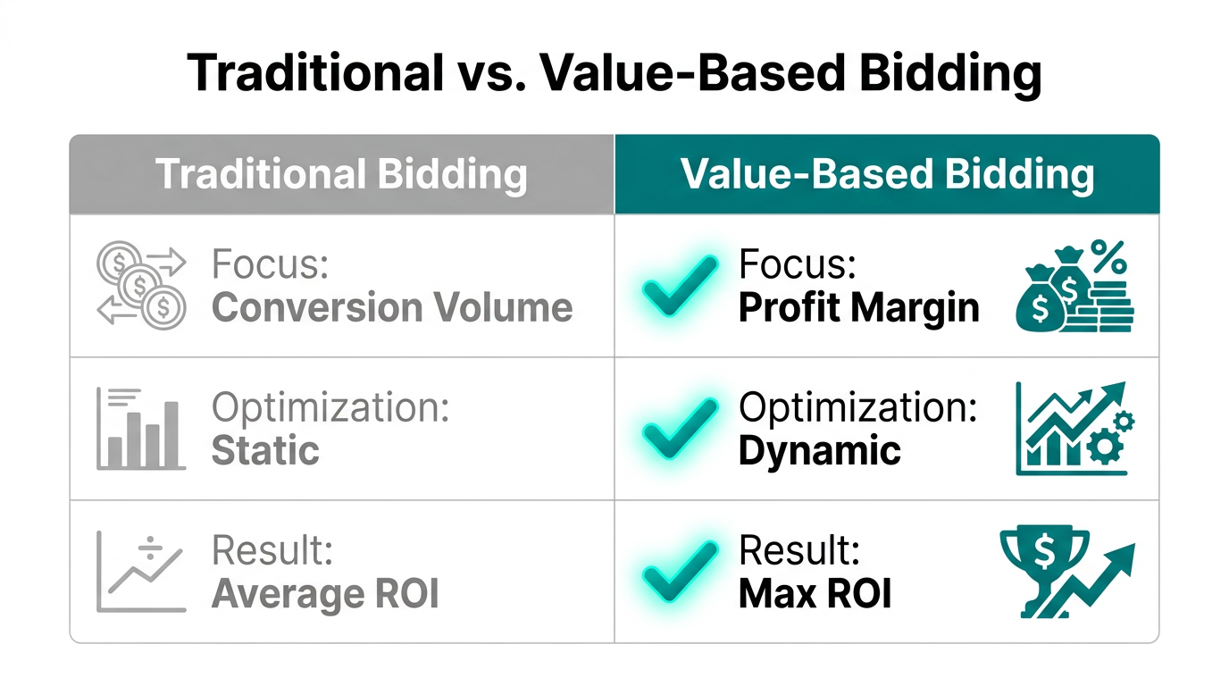 Comparison showing why value-based bidding outperforms traditional conversion-focused strategies.