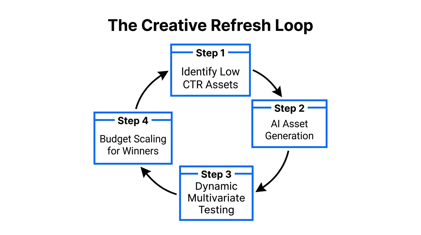 Continuous automated cycle for testing and scaling ad creatives.