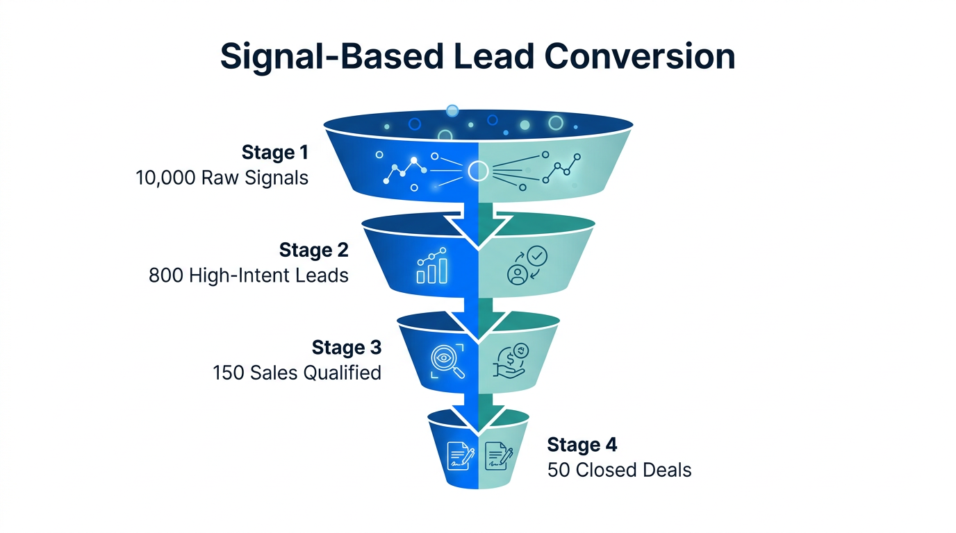 Conversion funnel showing lead volume from raw signals to closed deals.