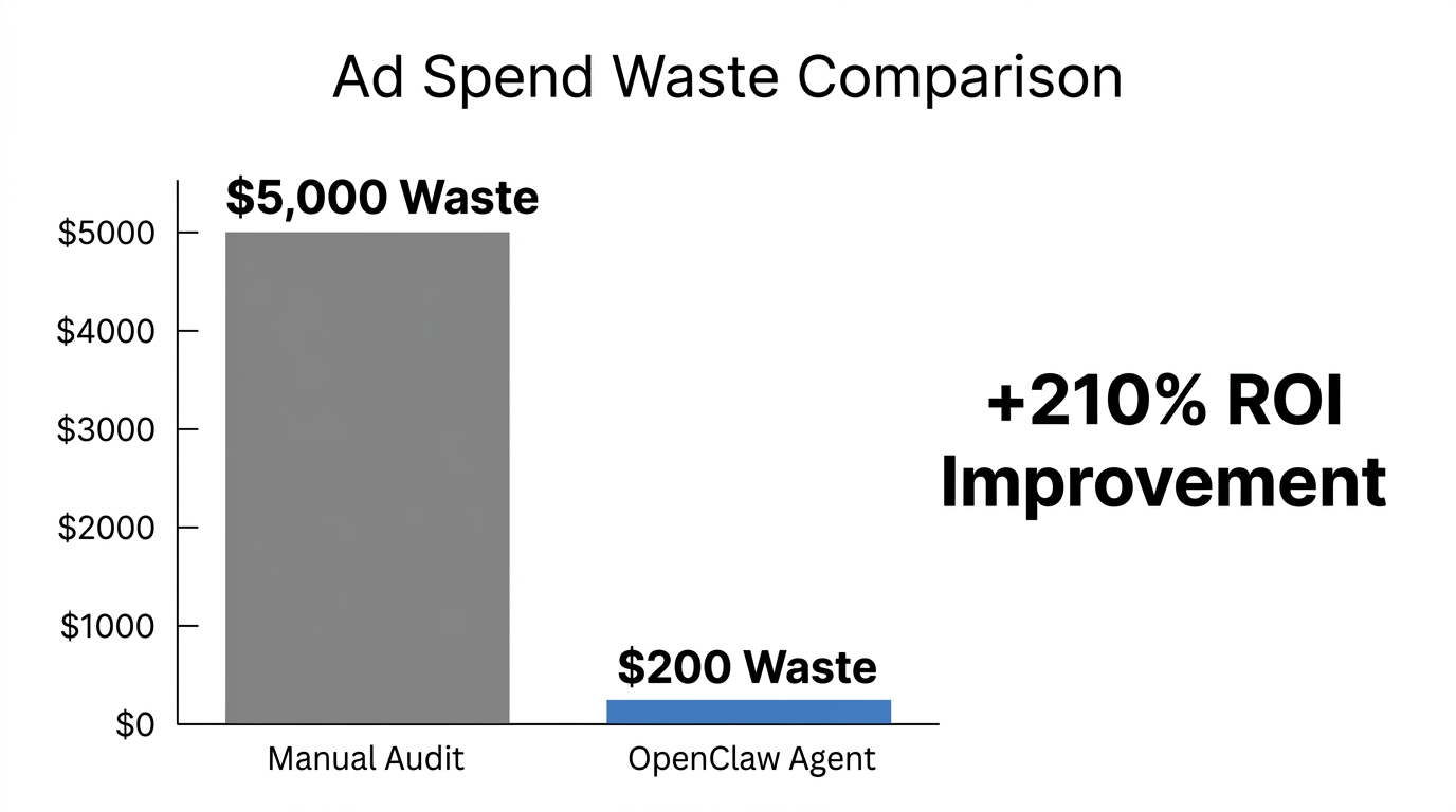 Ad spend waste reduction comparison between manual and AI auditing.