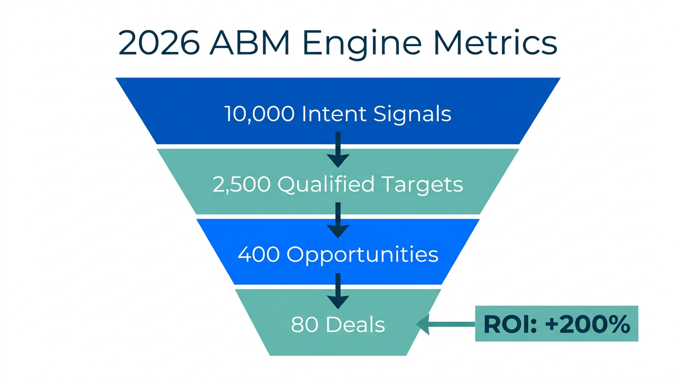 Expected performance funnel and conversion metrics for an automated ABM engine.