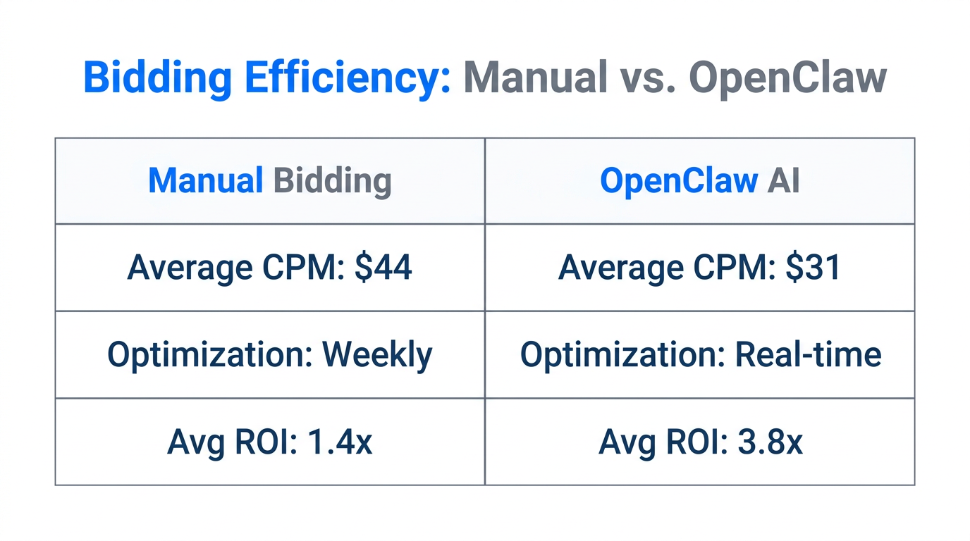 Efficiency comparison between manual bidding and OpenClaw AI automation.