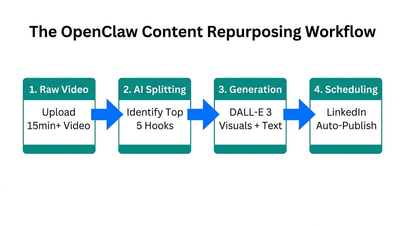 A four-step visualization of the automated content repurposing process.