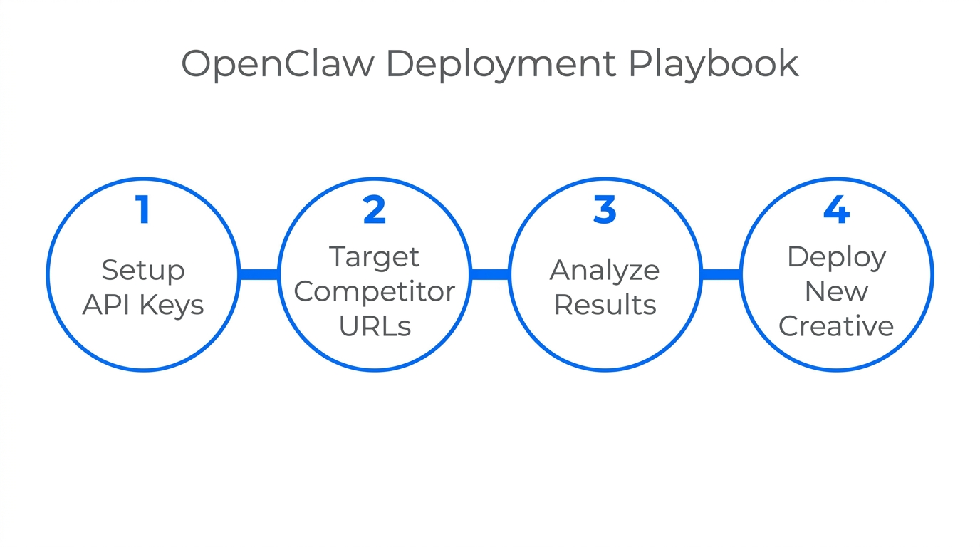 The four-step deployment process for implementing OpenClaw automation.