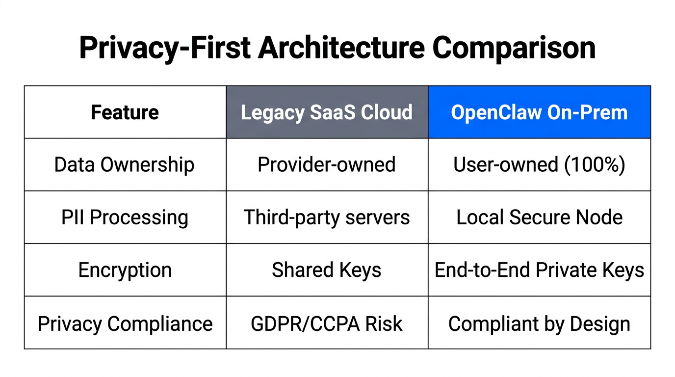 Comparison of data privacy features between legacy cloud and OpenClaw.