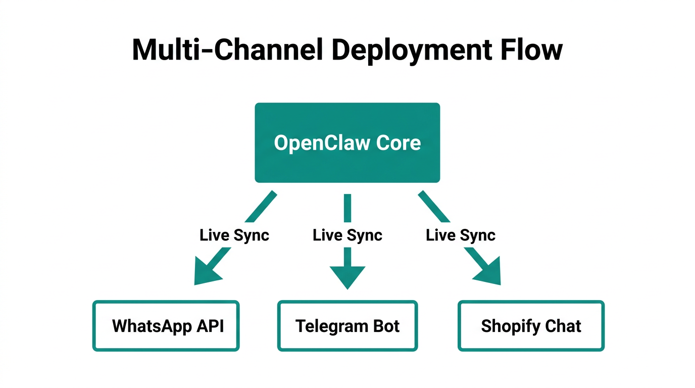 OpenClaw multi-channel integration for WhatsApp, Telegram, and Shopify.