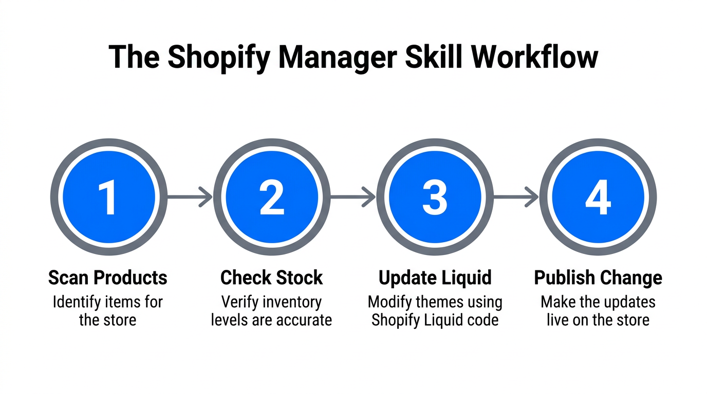 A 4-step process showing the AI manager executing Shopify store edits.