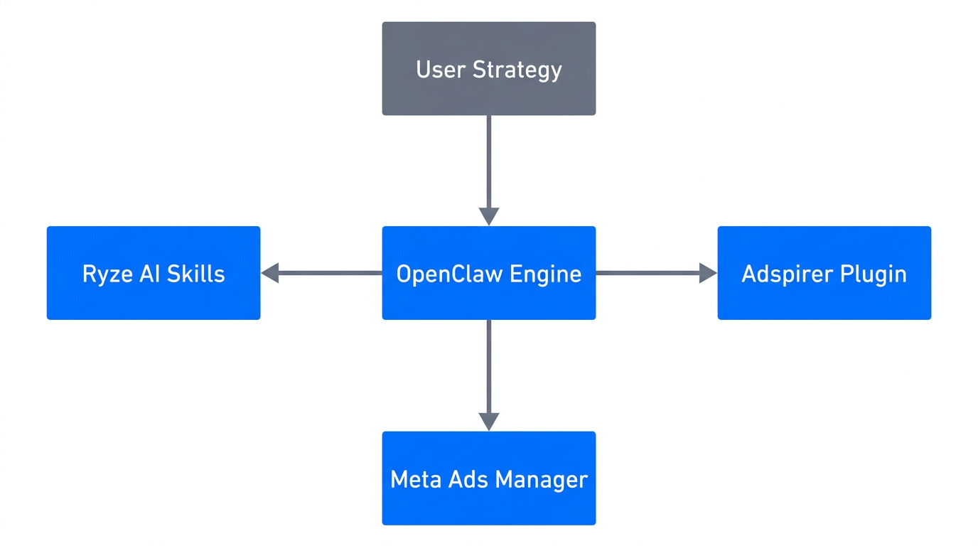 The architectural flow of the OpenClaw autonomous advertising ecosystem.