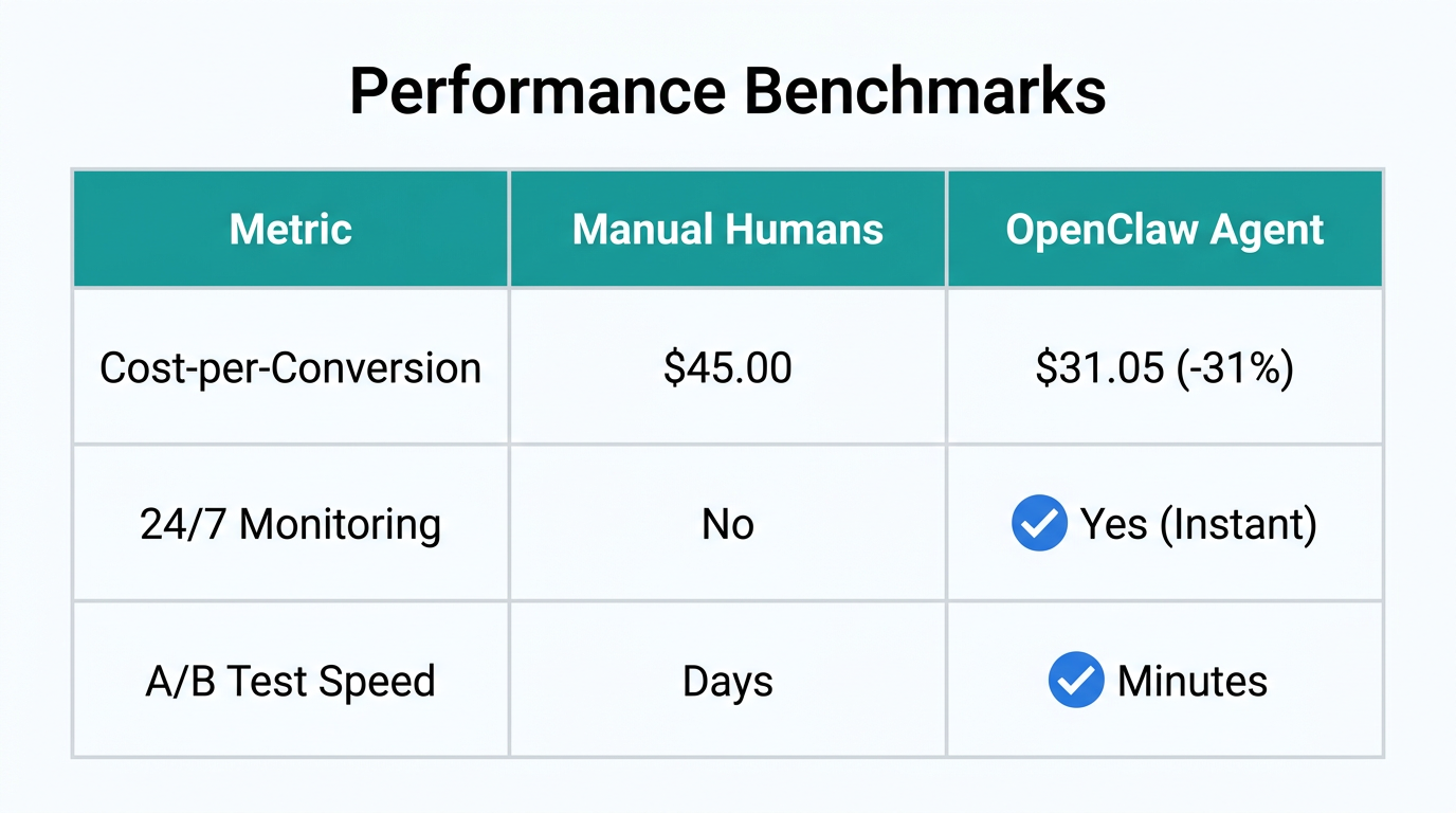 Key ROI and performance benchmarks: Manual vs OpenClaw.