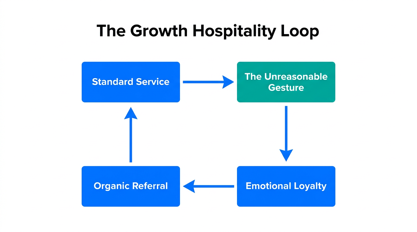 A flowchart showing how unreasonable hospitality drives organic business growth.
