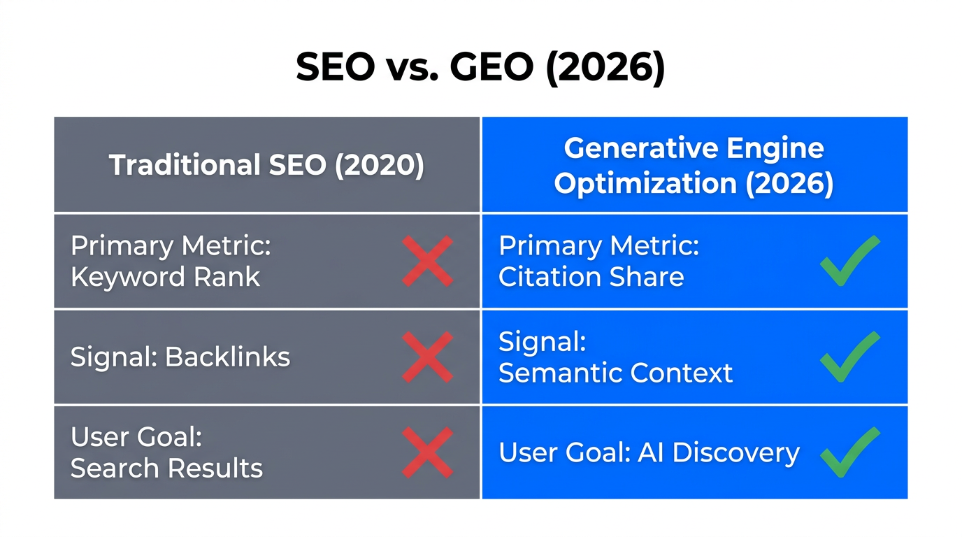 Comparison of traditional SEO tactics versus 2026 Generative Engine Optimization.