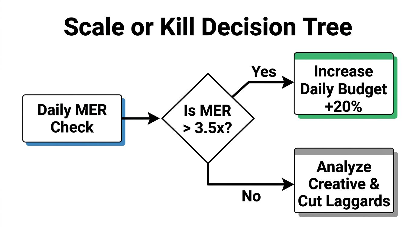 The framework for scaling or cutting ad spend based on MER targets.