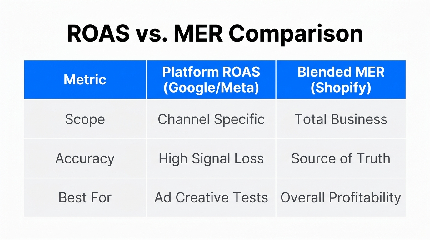 A comparison of platform-specific ROAS versus total store MER accuracy.