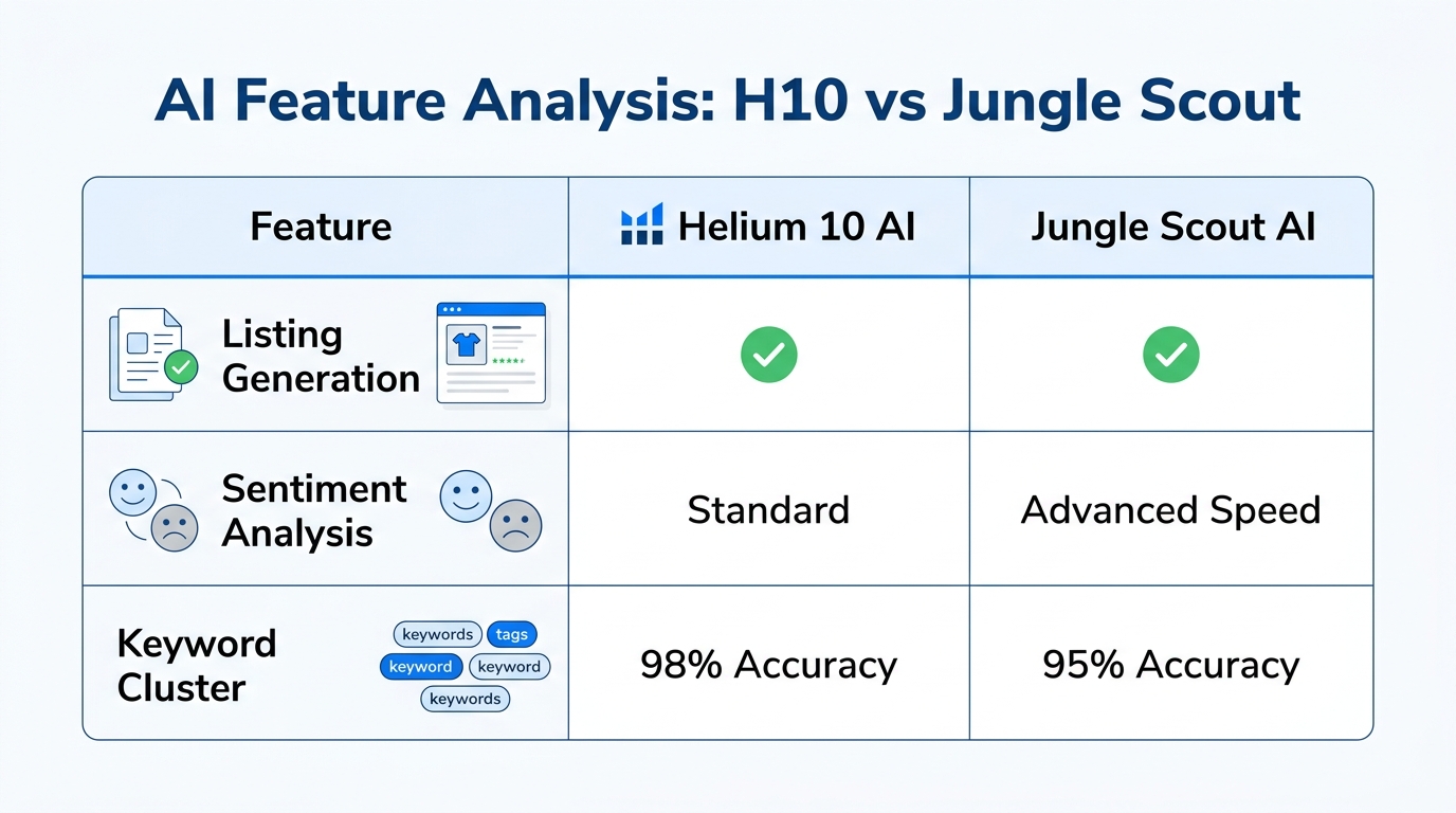 Direct comparison of AI capabilities between Helium 10 and Jungle Scout.