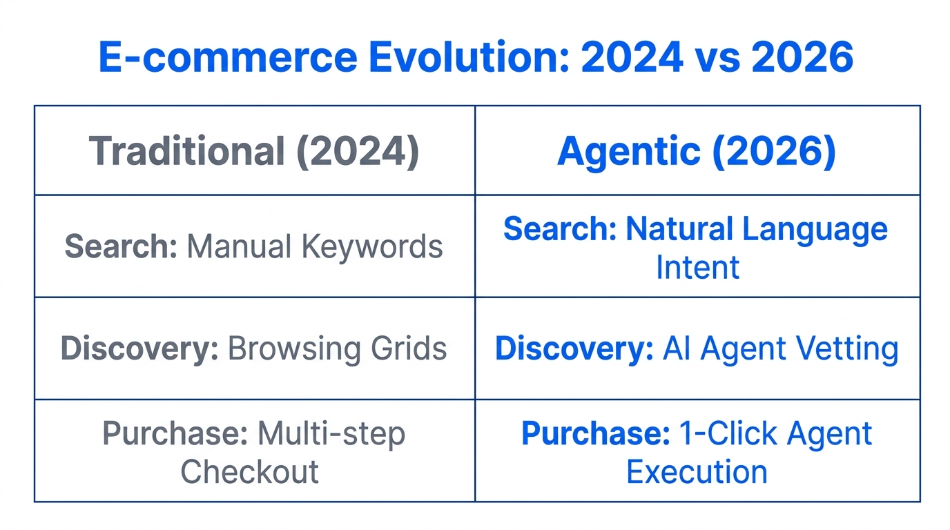 Comparison of traditional shopping habits versus AI-driven agentic commerce.