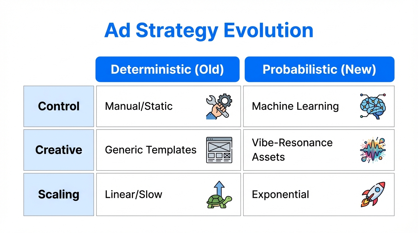 Comparison of traditional manual ad strategies versus AI-driven probabilistic models.