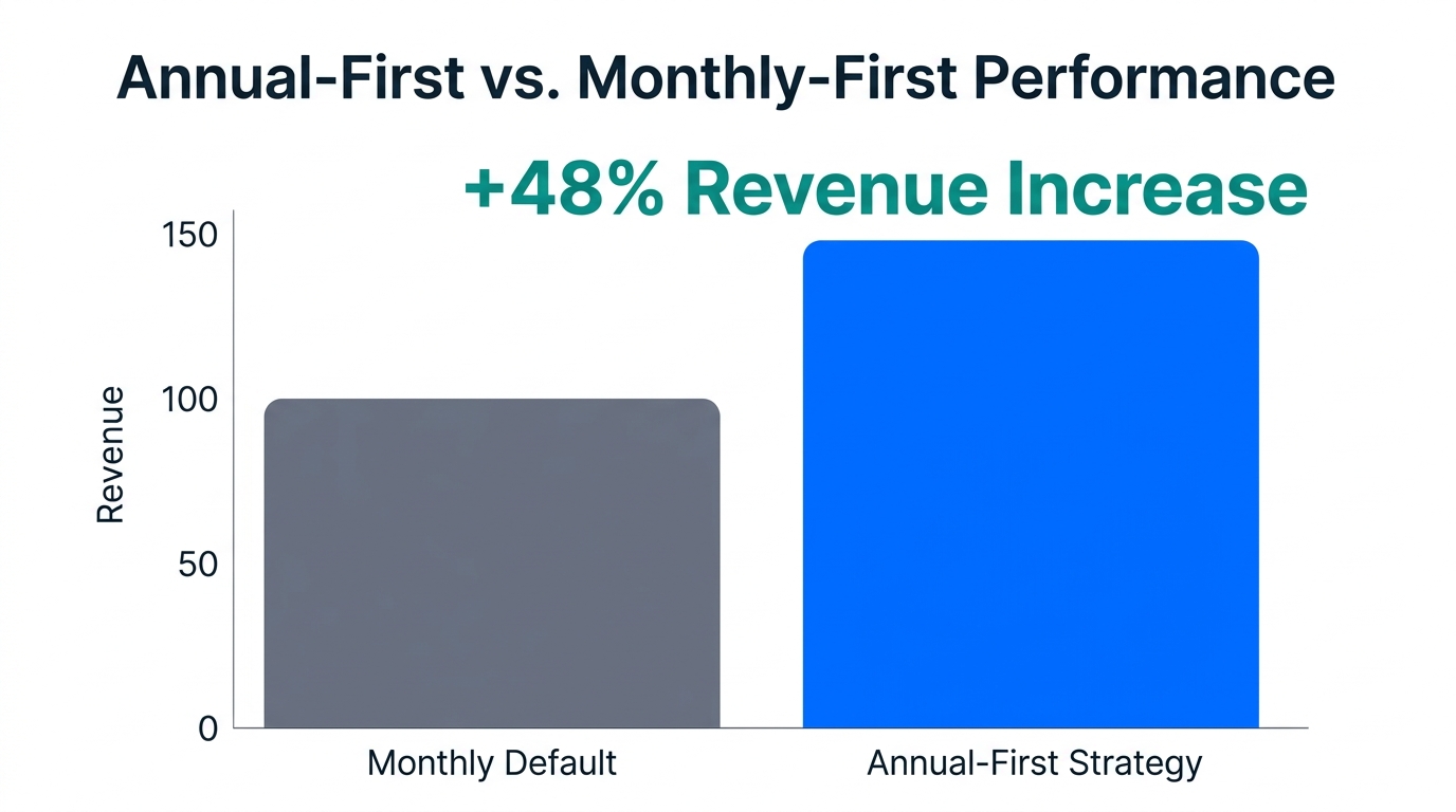 Revenue comparison between annual-first defaults and standard monthly pricing.