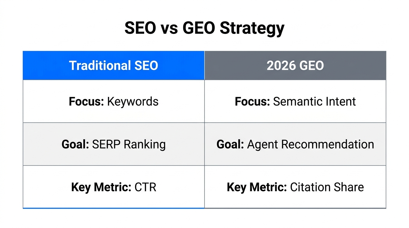 Comparison of traditional SEO metrics versus Generative Engine Optimization goals.