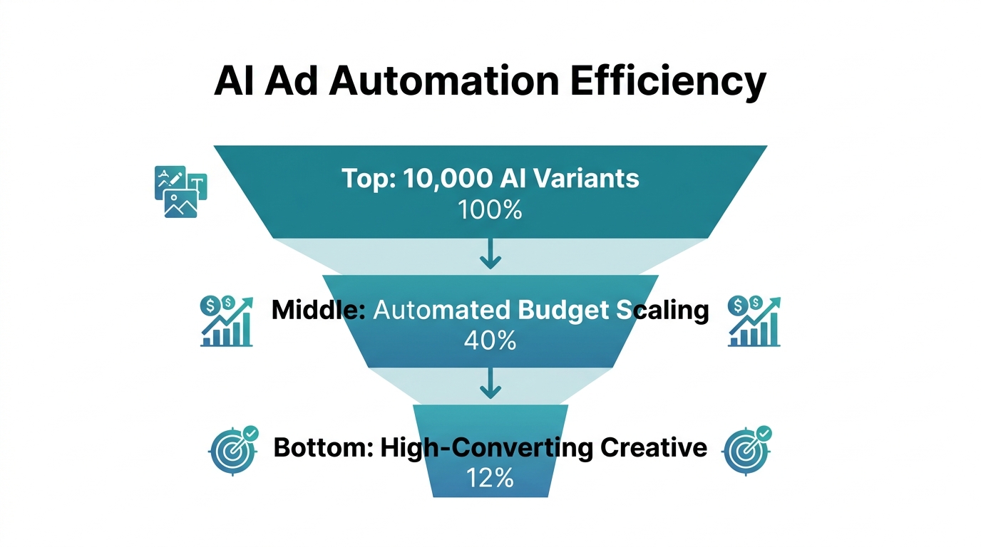 Efficiency funnel showing how AI filters and scales top-performing ads.