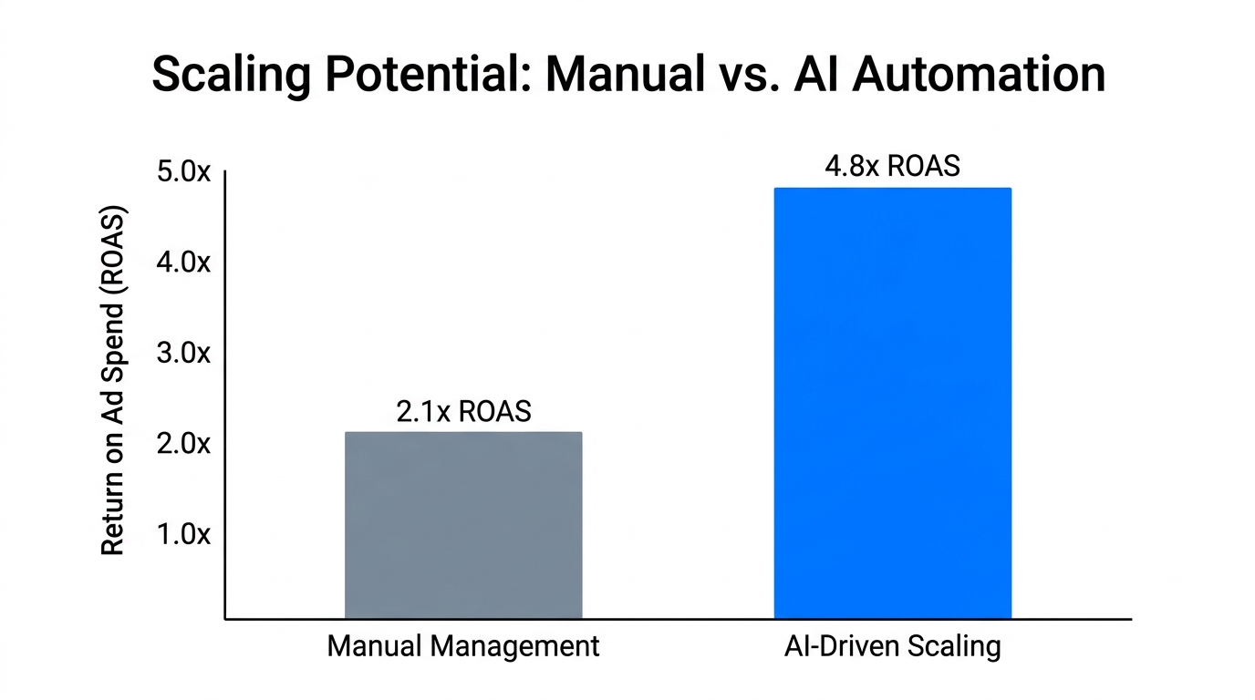 Projected ROAS growth using AI automation versus manual ad management.