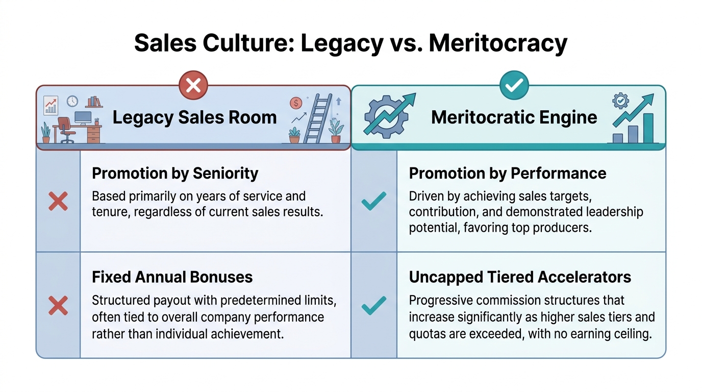 Comparison of traditional sales culture versus a meritocratic performance engine.