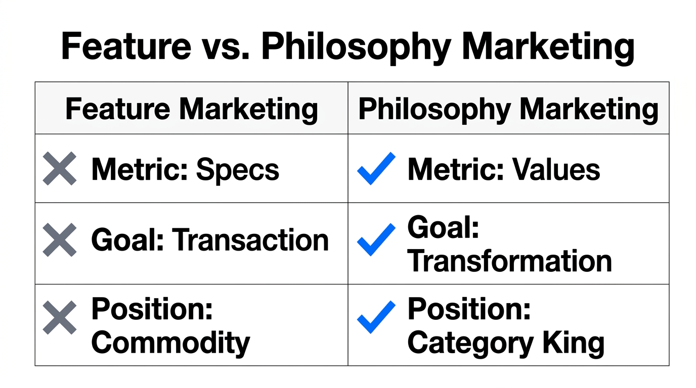 Comparison of feature-heavy marketing versus philosophy-driven brand building.