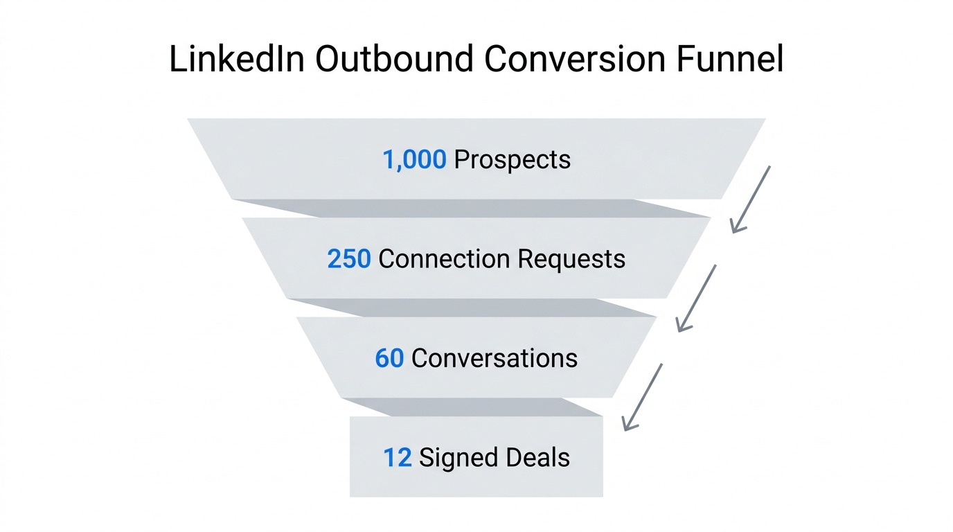Typical LinkedIn outbound funnel metrics for high-growth agencies in 2026.
