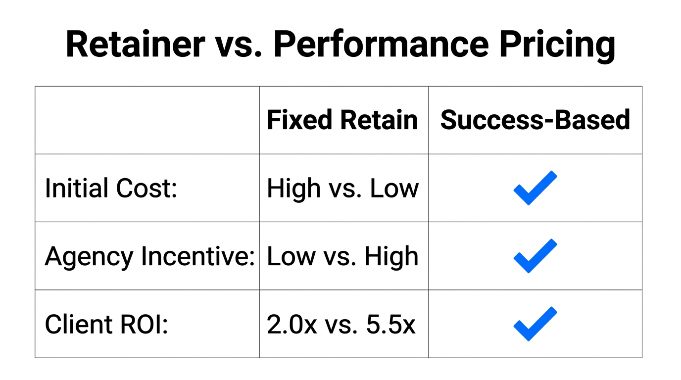 Comparison of traditional agency retainers versus success-based performance models.