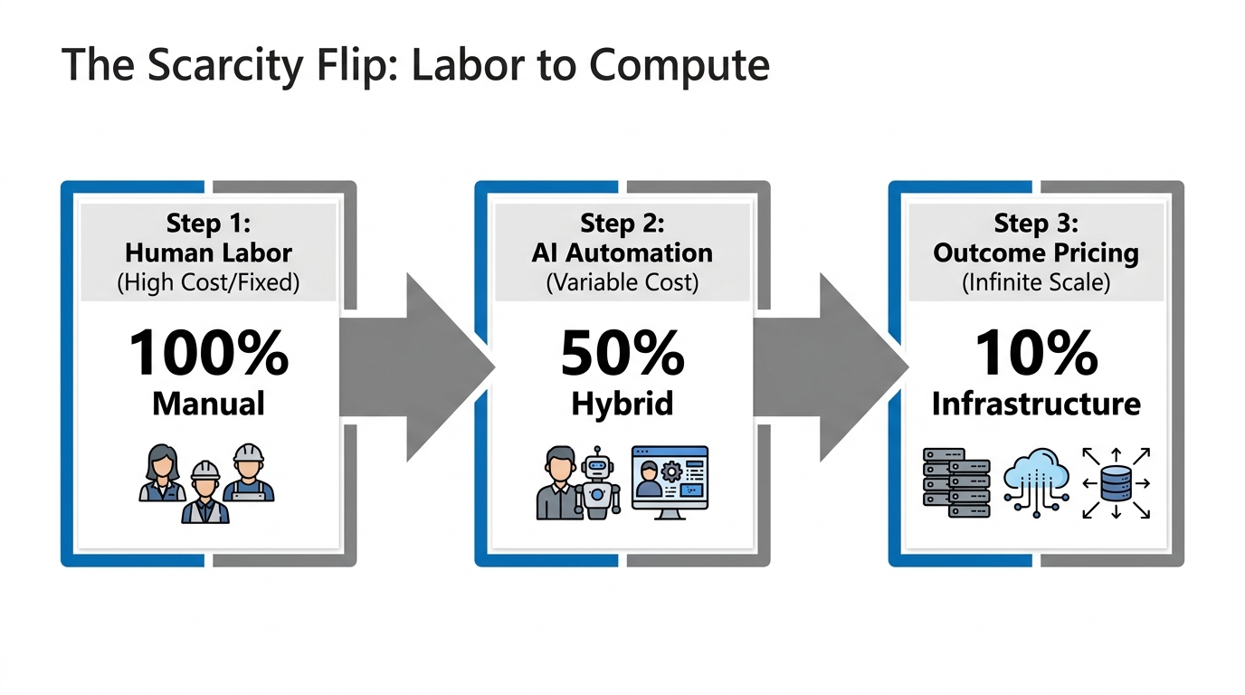 Visualizing the transition from expensive human labor to scalable AI compute.