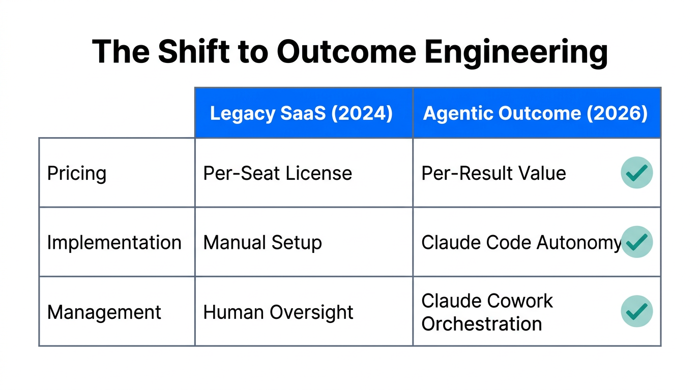 Comparison between traditional SaaS models and 2026 agentic outcome engineering.
