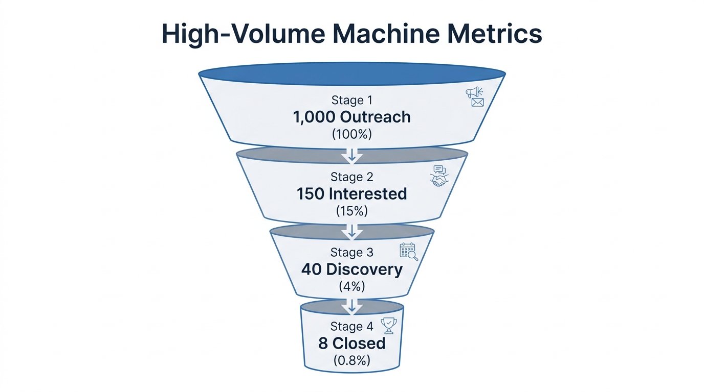 Sales funnel demonstrating the conversion metrics of a high-volume machine mindset.