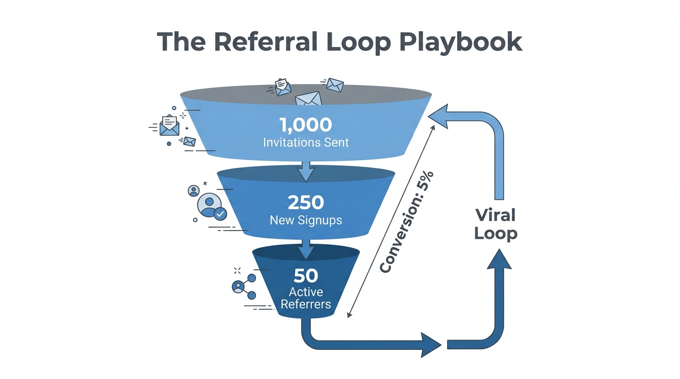 Funnel visualization of the referral-to-active-user conversion cycle.