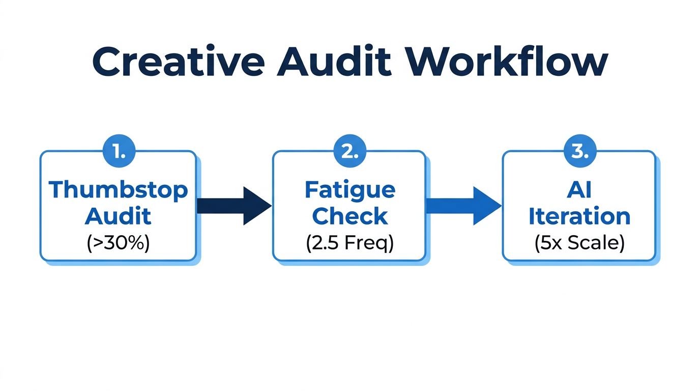 Three-step workflow for auditing video hooks and managing creative fatigue.