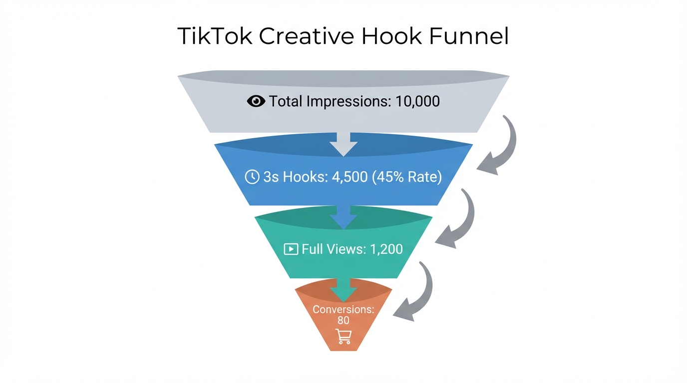 Creative performance funnel highlighting the impact of the 3-second hook.