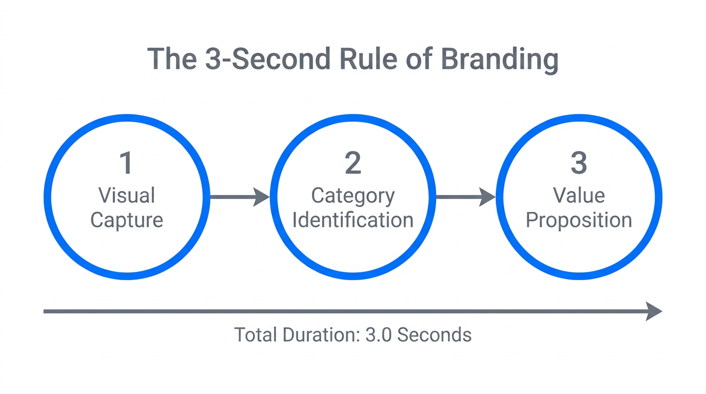 The three-step cognitive process of the 3-second branding rule.