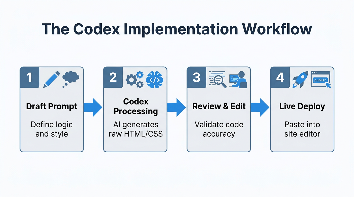 A 4-step workflow for implementing ChatGPT Codex code into websites.