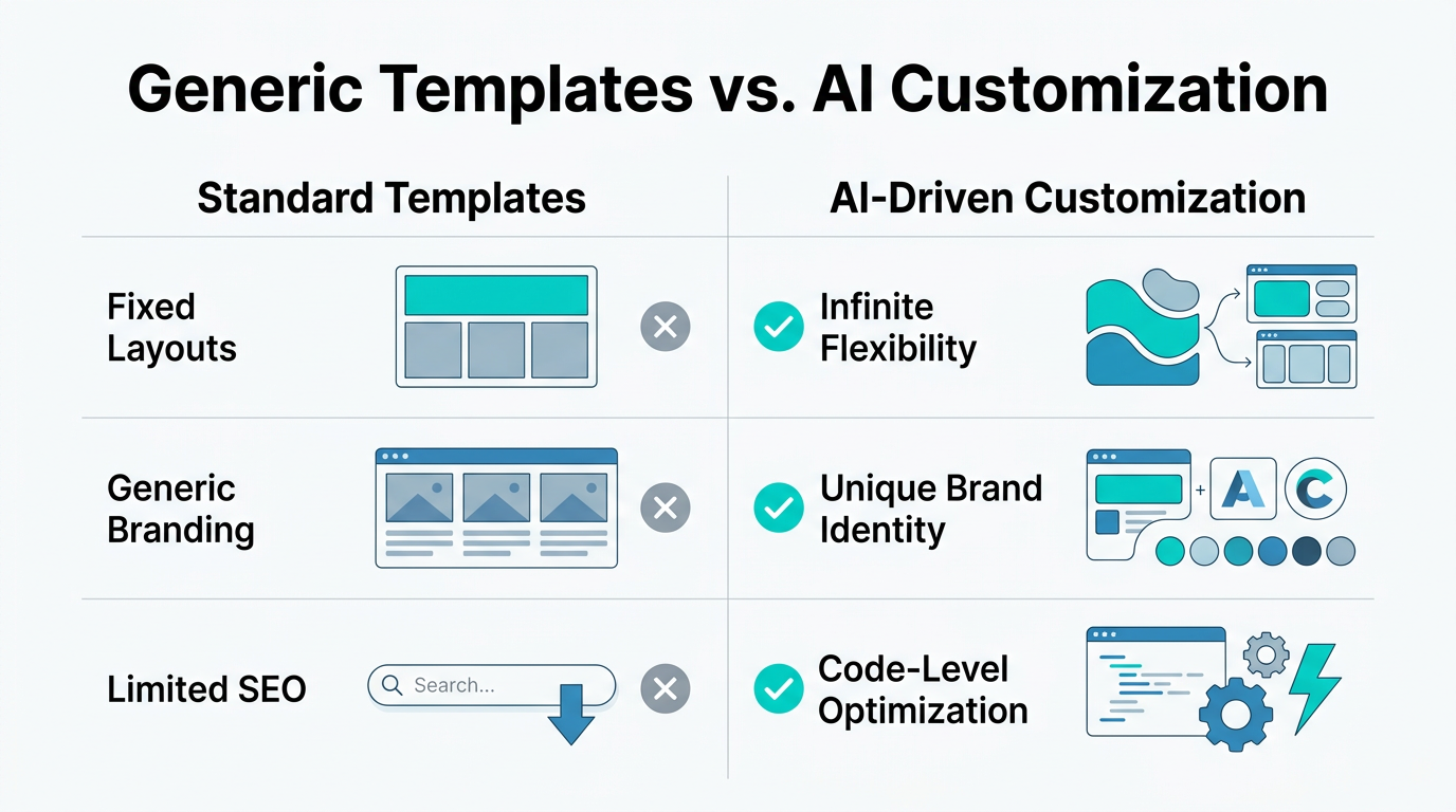 Comparison of standard website templates versus AI-driven custom code.