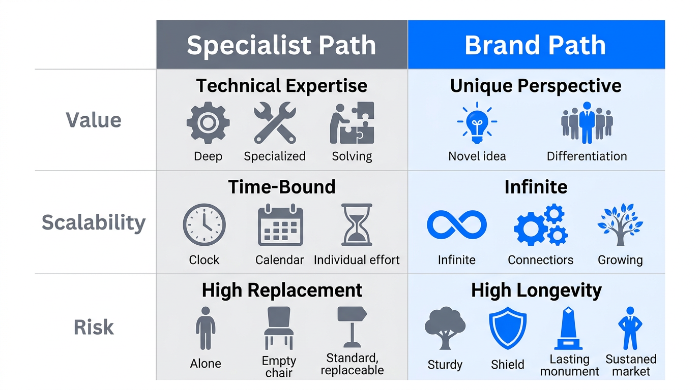 Comparison of specialist versus brand-building career trajectories.